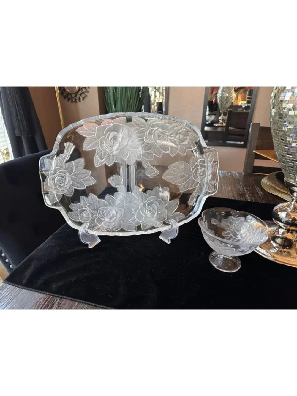 Vintage Mikasa Raised Rose Glass Platter Frosted Floral Tray Footed Snack Bowl